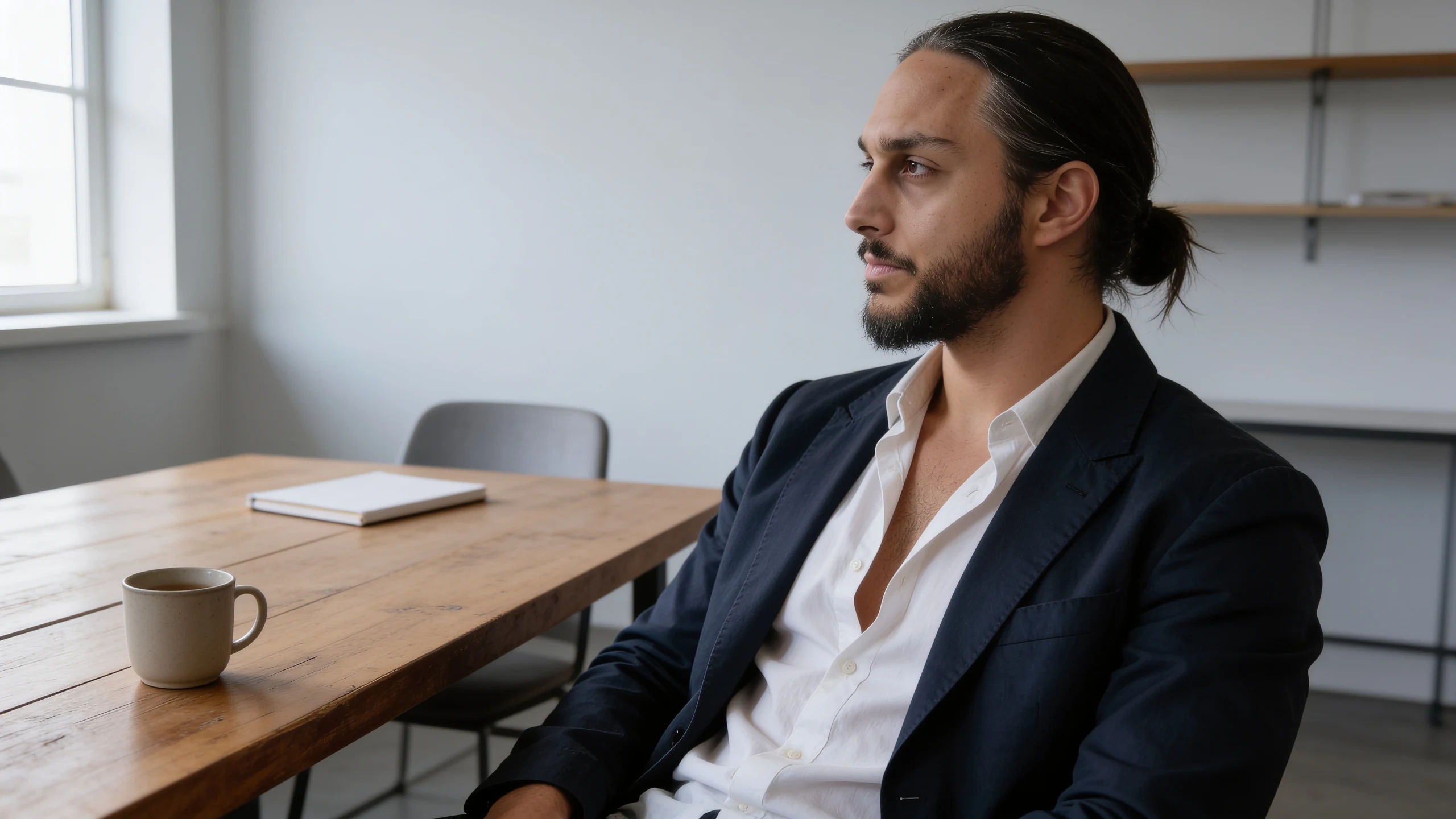 Ahmet Köse sitzt in einem hellen Büro an einem Holztisch