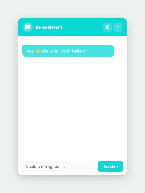 Geöffnetes Chatfenster des WordPress-Plugins KI Chatbot Version 1.2.0 mit Begrüßungsnachricht und Eingabefeld.